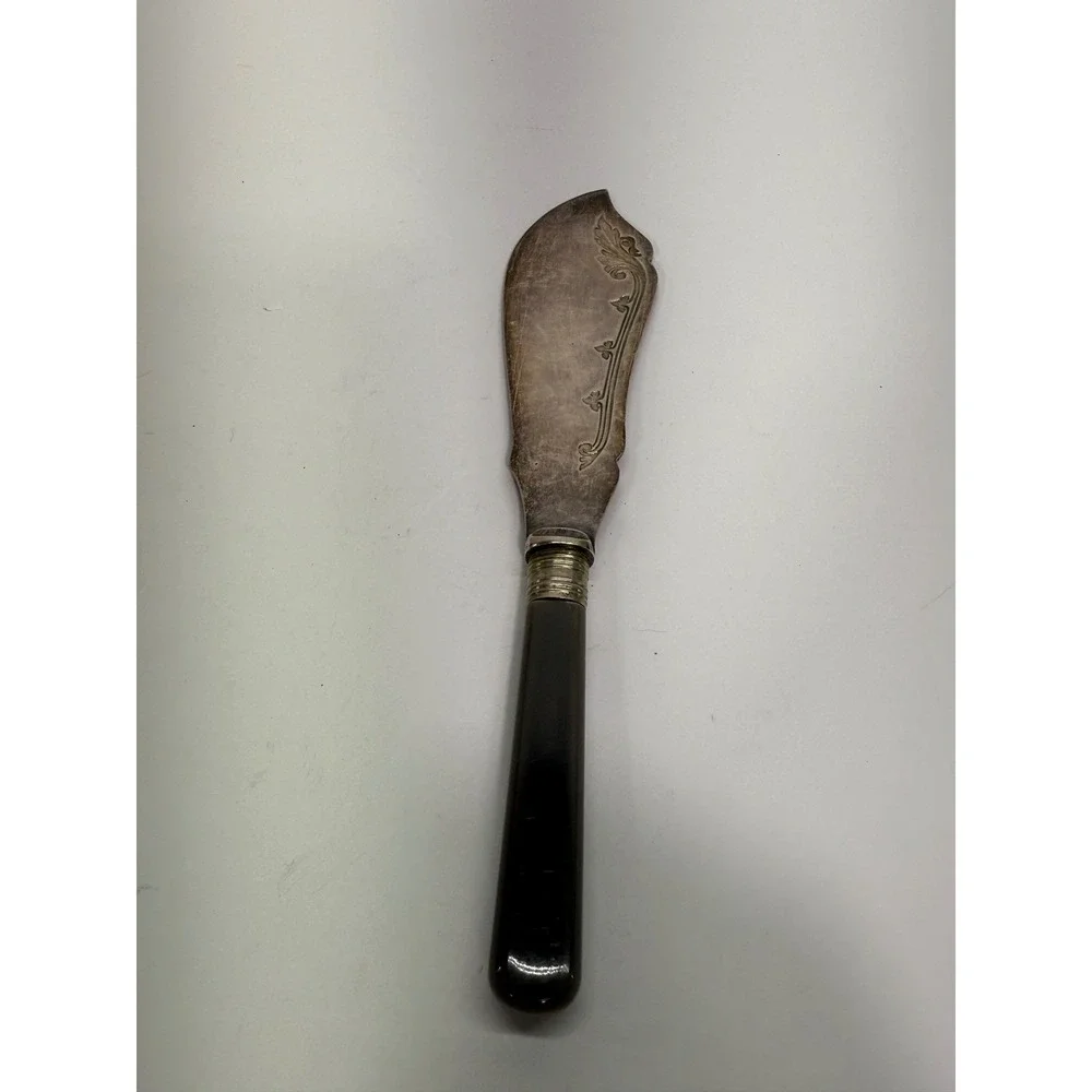 Vintage EPNS Silver Plate Butter Knife Engraved Floral Scroll Dark Handle